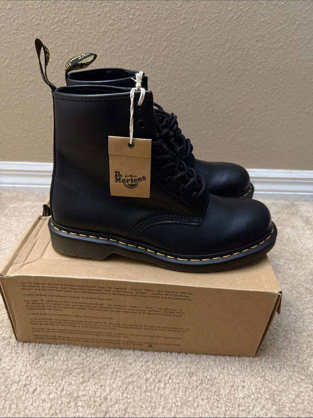 Dr. Martens Black Leather Lace-Up Boots with Yellow Stitching